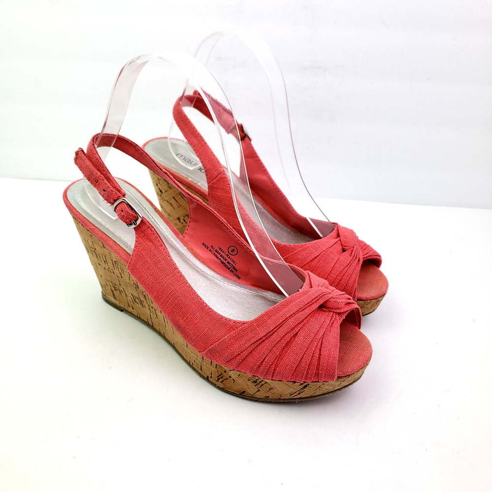 Maurices Womens Size 8 Salmon Pink Casual Cute Cork Wedge Slingback Sandals